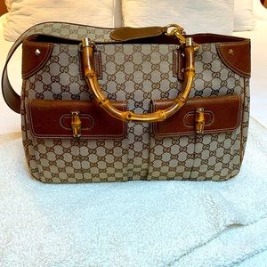 Gucci Logo Bamboo Shopper Tote w/ Shoulder Strap